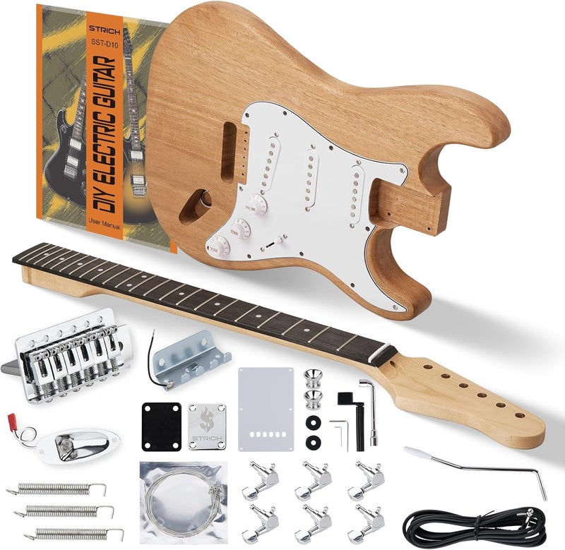 STRICH DIY Electric Guitar Kit, ST Style Mahogany Body & Maple Neck Guitar with SSS Pickups, Easy to Assemble Kit with All Parts Included – Build Your Own Electric Guitar - Image 1